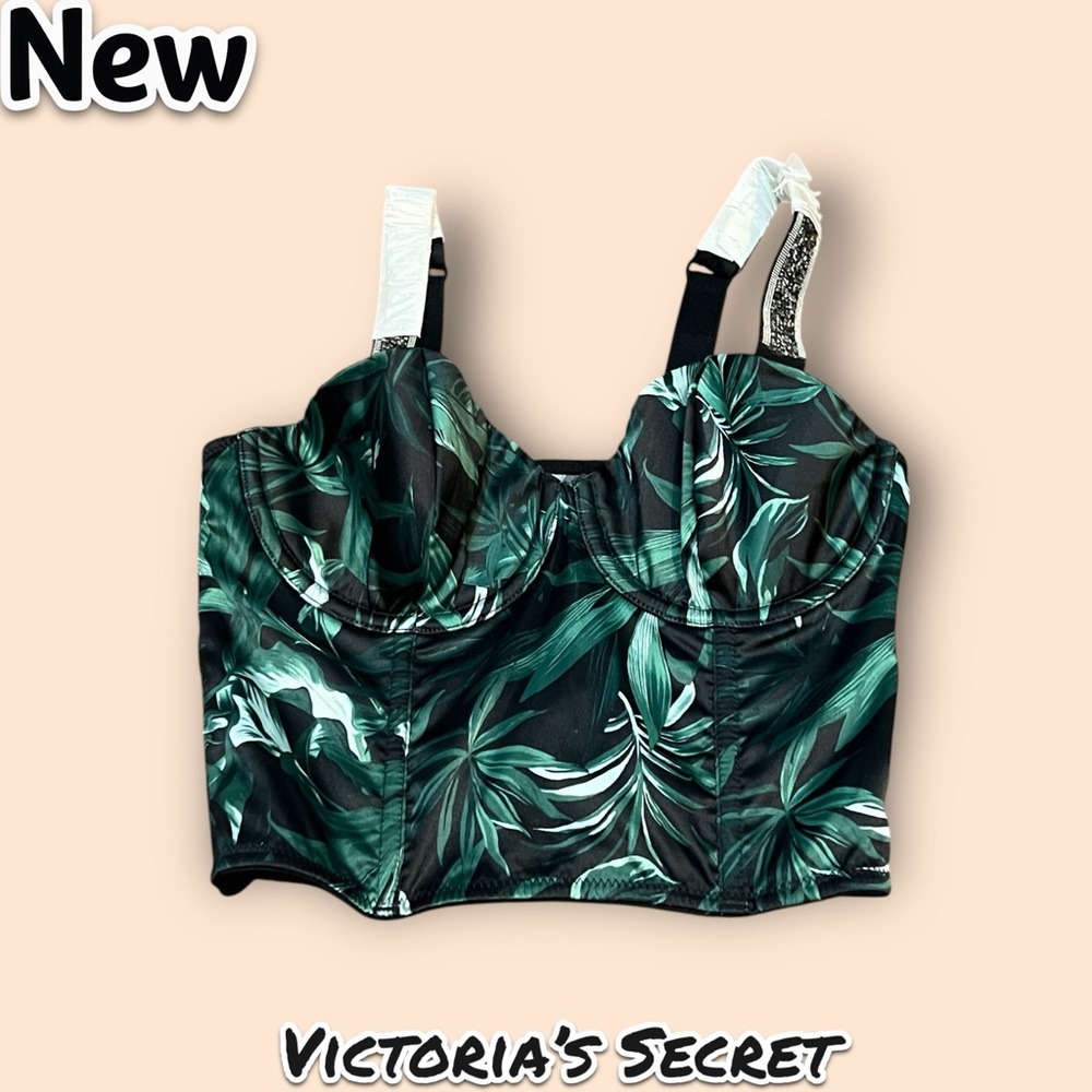Victoria Secret Green Floral Design Corset Bra Lingerie Rhinestone Straps
